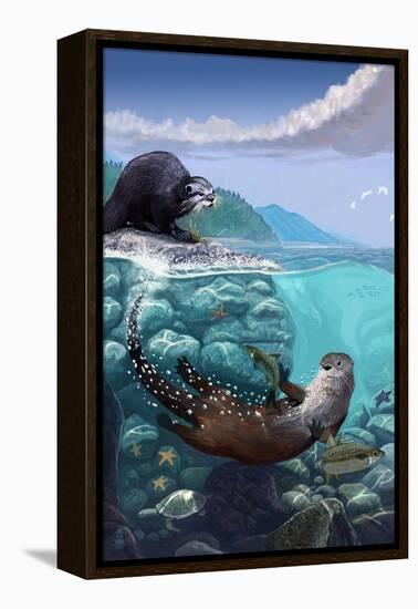 River Otters - Underwater Scene-Lantern Press-Framed Stretched Canvas