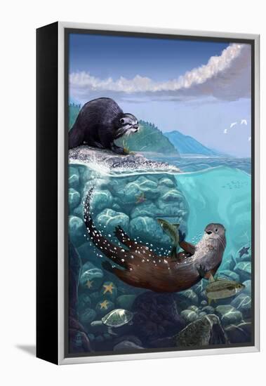 River Otters - Underwater Scene-Lantern Press-Framed Stretched Canvas