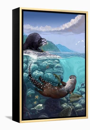 River Otters - Underwater Scene-Lantern Press-Framed Stretched Canvas