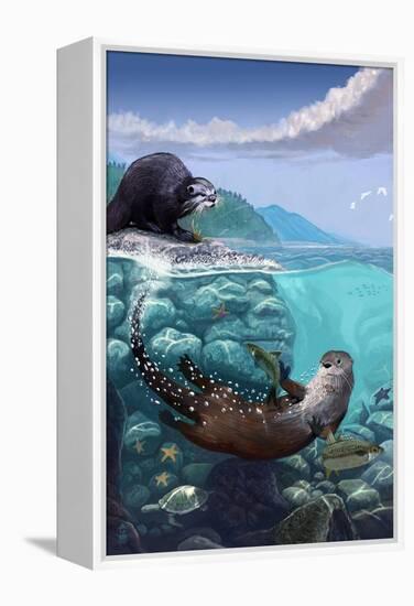 River Otters - Underwater Scene-Lantern Press-Framed Stretched Canvas