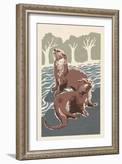 River Otters - Woodblock Print-Lantern Press-Framed Art Print