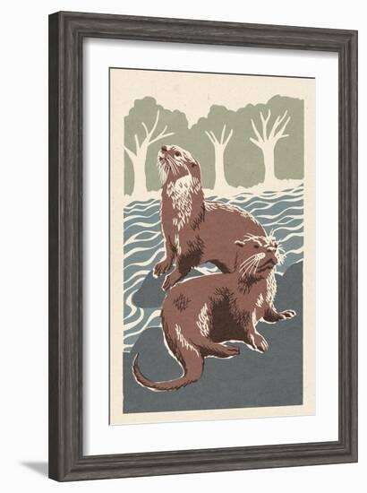 River Otters - Woodblock Print-Lantern Press-Framed Art Print