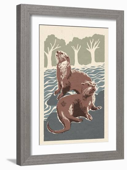 River Otters - Woodblock Print-Lantern Press-Framed Art Print