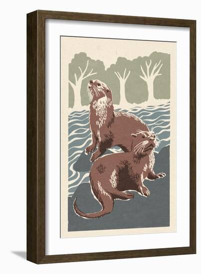 River Otters - Woodblock Print-Lantern Press-Framed Art Print