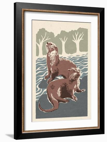 River Otters - Woodblock Print-Lantern Press-Framed Art Print