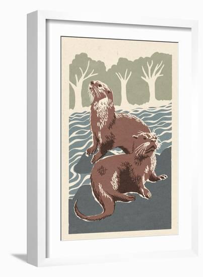 River Otters - Woodblock Print-Lantern Press-Framed Art Print