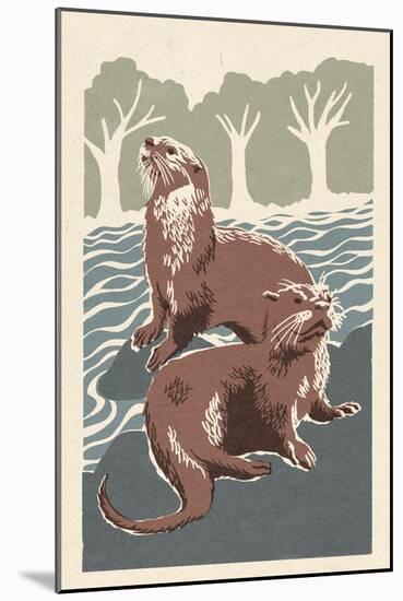 River Otters - Woodblock Print-Lantern Press-Mounted Art Print