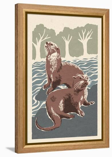 River Otters - Woodblock Print-Lantern Press-Framed Stretched Canvas