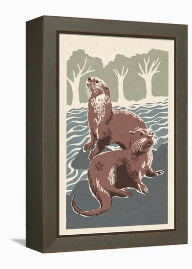 River Otters - Woodblock Print-Lantern Press-Framed Stretched Canvas