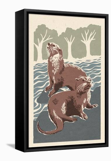 River Otters - Woodblock Print-Lantern Press-Framed Stretched Canvas