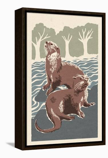 River Otters - Woodblock Print-Lantern Press-Framed Stretched Canvas