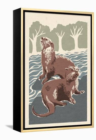 River Otters - Woodblock Print-Lantern Press-Framed Stretched Canvas