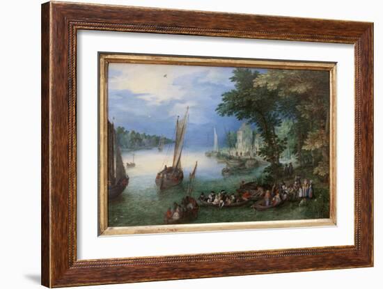 River Scene or the Barkage, Oil Painting on Copper by Jan Brueghel, Dit Brueghel De Velours (1568-1-Jan the Elder Brueghel-Framed Giclee Print