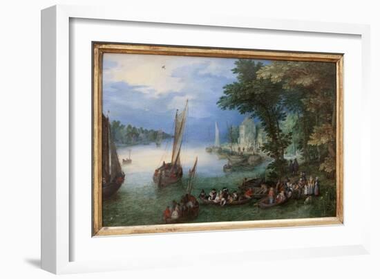 River Scene or the Barkage, Oil Painting on Copper by Jan Brueghel, Dit Brueghel De Velours (1568-1-Jan the Elder Brueghel-Framed Giclee Print