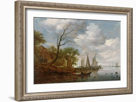 River Scene with Sailing Boats Unloading at the Shore-Salomon van Ruisdael-Framed Giclee Print