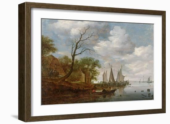 River Scene with Sailing Boats Unloading at the Shore-Salomon van Ruisdael-Framed Giclee Print