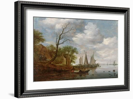 River Scene with Sailing Boats Unloading at the Shore-Salomon van Ruisdael-Framed Giclee Print
