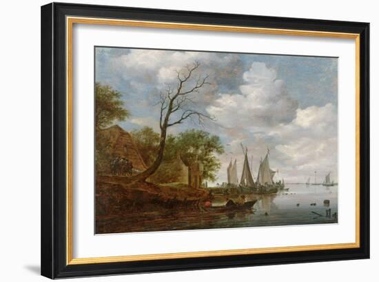 River Scene with Sailing Boats Unloading at the Shore-Salomon van Ruisdael-Framed Giclee Print