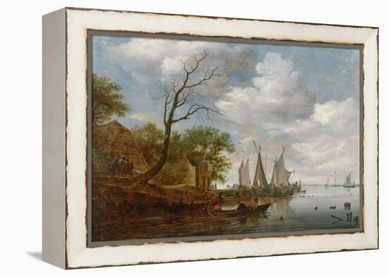 River Scene with Sailing Boats Unloading at the Shore-Salomon van Ruisdael-Framed Premier Image Canvas