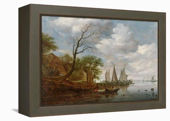 River Scene with Sailing Boats Unloading at the Shore-Salomon van Ruisdael-Framed Premier Image Canvas