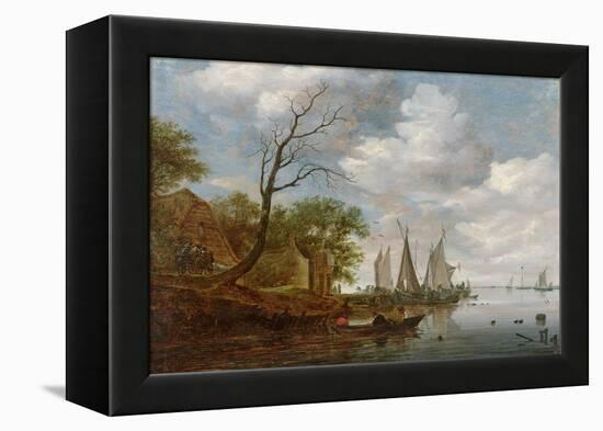 River Scene with Sailing Boats Unloading at the Shore-Salomon van Ruisdael-Framed Premier Image Canvas