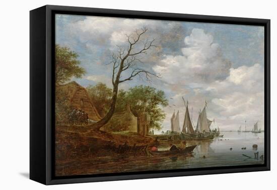 River Scene with Sailing Boats Unloading at the Shore-Salomon van Ruisdael-Framed Premier Image Canvas