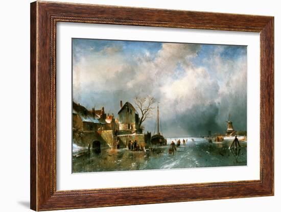 River scenery in winter with skaters-Charles Henri Joseph Leickert-Framed Giclee Print