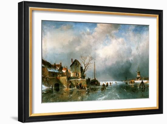 River scenery in winter with skaters-Charles Henri Joseph Leickert-Framed Giclee Print