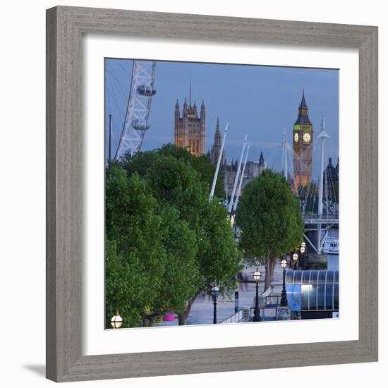 River Thames Shore, in the Evening, Westminster Palace, Big Ben, London Eye-Rainer Mirau-Framed Photographic Print