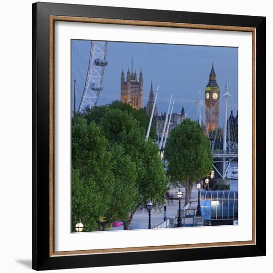 River Thames Shore, in the Evening, Westminster Palace, Big Ben, London Eye-Rainer Mirau-Framed Photographic Print