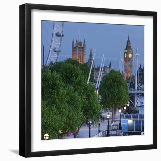River Thames Shore, in the Evening, Westminster Palace, Big Ben, London Eye-Rainer Mirau-Framed Photographic Print
