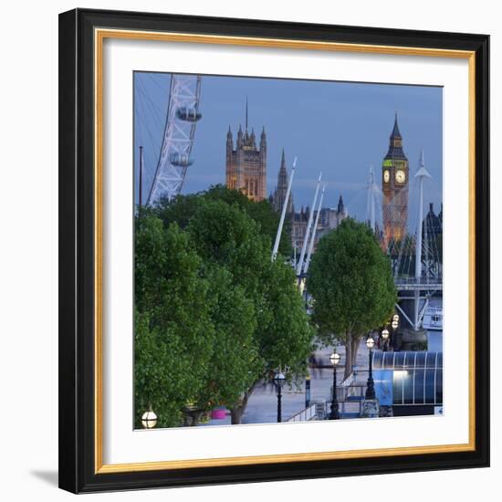 River Thames Shore, in the Evening, Westminster Palace, Big Ben, London Eye-Rainer Mirau-Framed Photographic Print