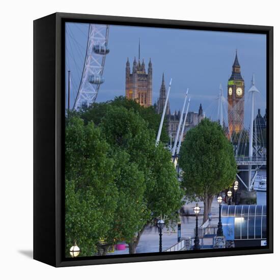 River Thames Shore, in the Evening, Westminster Palace, Big Ben, London Eye-Rainer Mirau-Framed Premier Image Canvas