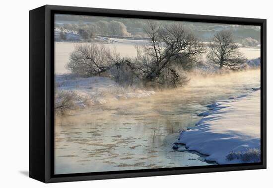 River Whiteadder in snow with steam rising from water-Laurie Campbell-Framed Premier Image Canvas