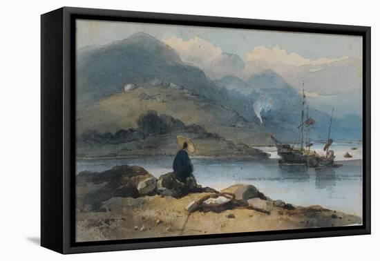 River with Figure on the Bank, 19th Century-George Chinnery-Framed Premier Image Canvas