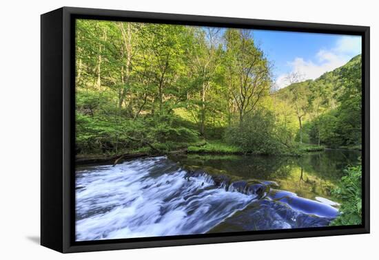 River Wye with Weir Runs Through Verdant Wood in Millers Dale, Reflections in Calm Water-Eleanor Scriven-Framed Premier Image Canvas