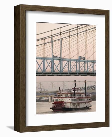 Riverboat on Ohio River and, Roebling Suspension Bridge, Cincinnati, Ohio, USA-Walter Bibikow-Framed Photographic Print