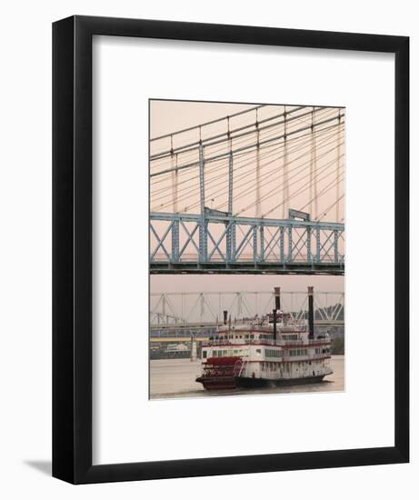 Riverboat on Ohio River and, Roebling Suspension Bridge, Cincinnati, Ohio, USA-Walter Bibikow-Framed Photographic Print