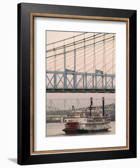 Riverboat on Ohio River and, Roebling Suspension Bridge, Cincinnati, Ohio, USA-Walter Bibikow-Framed Photographic Print