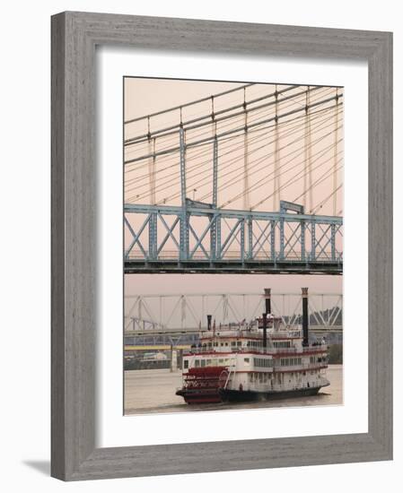 Riverboat on Ohio River and, Roebling Suspension Bridge, Cincinnati, Ohio, USA-Walter Bibikow-Framed Photographic Print