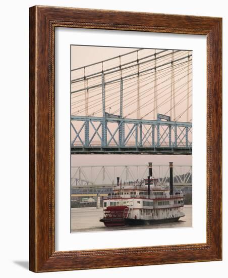 Riverboat on Ohio River and, Roebling Suspension Bridge, Cincinnati, Ohio, USA-Walter Bibikow-Framed Photographic Print