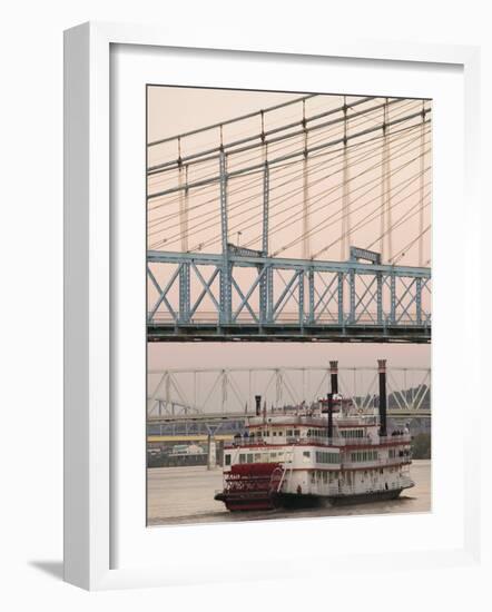 Riverboat on Ohio River and, Roebling Suspension Bridge, Cincinnati, Ohio, USA-Walter Bibikow-Framed Photographic Print