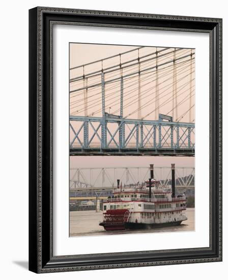 Riverboat on Ohio River and, Roebling Suspension Bridge, Cincinnati, Ohio, USA-Walter Bibikow-Framed Photographic Print