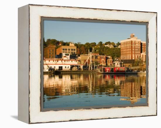 Riverboats, Mississippi River, and Historic Julien Hotel, Dubuque, Iowa-Walter Bibikow-Framed Premier Image Canvas