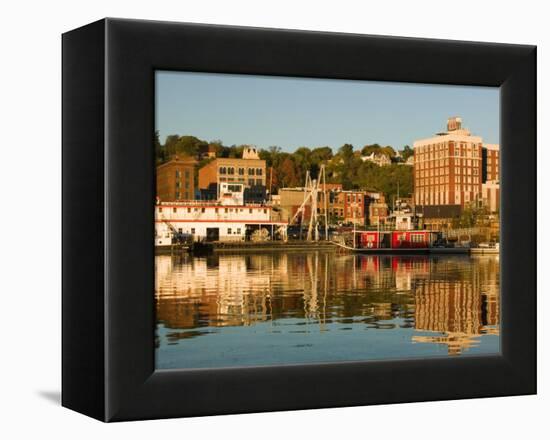 Riverboats, Mississippi River, and Historic Julien Hotel, Dubuque, Iowa-Walter Bibikow-Framed Premier Image Canvas