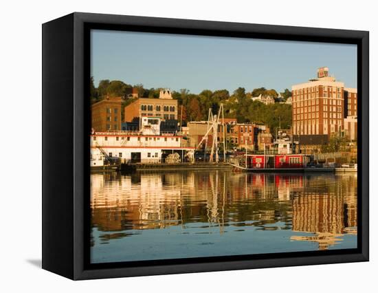 Riverboats, Mississippi River, and Historic Julien Hotel, Dubuque, Iowa-Walter Bibikow-Framed Premier Image Canvas