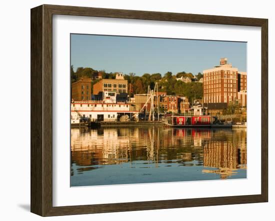 Riverboats, Mississippi River, and Historic Julien Hotel, Dubuque, Iowa-Walter Bibikow-Framed Photographic Print