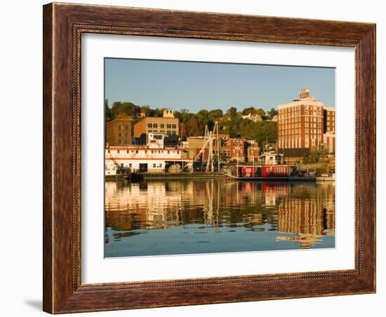 Riverboats, Mississippi River, and Historic Julien Hotel, Dubuque, Iowa-Walter Bibikow-Framed Photographic Print