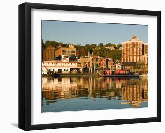 Riverboats, Mississippi River, and Historic Julien Hotel, Dubuque, Iowa-Walter Bibikow-Framed Photographic Print