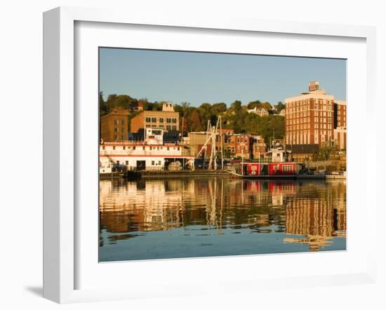 Riverboats, Mississippi River, and Historic Julien Hotel, Dubuque, Iowa-Walter Bibikow-Framed Photographic Print